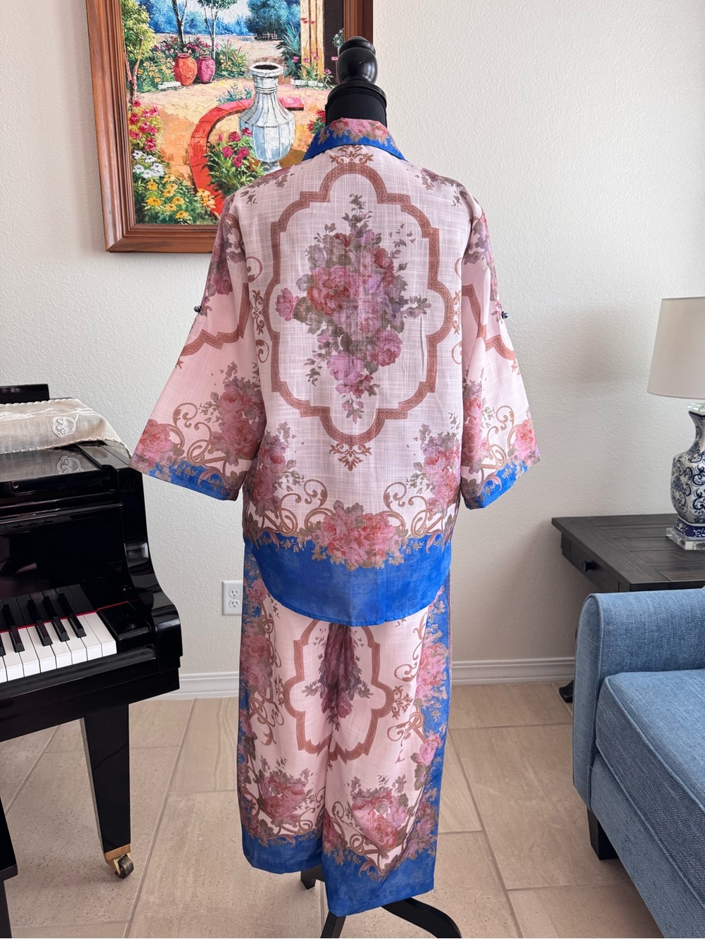 Women's Pink & Blue Printed Linen Jumpsuit - Picture 11 of 16